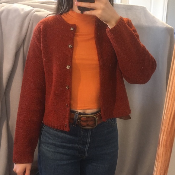 🍁 Vintage Burnt Orange Fuzzy Cropped Cardigan - Picture 3 of 13